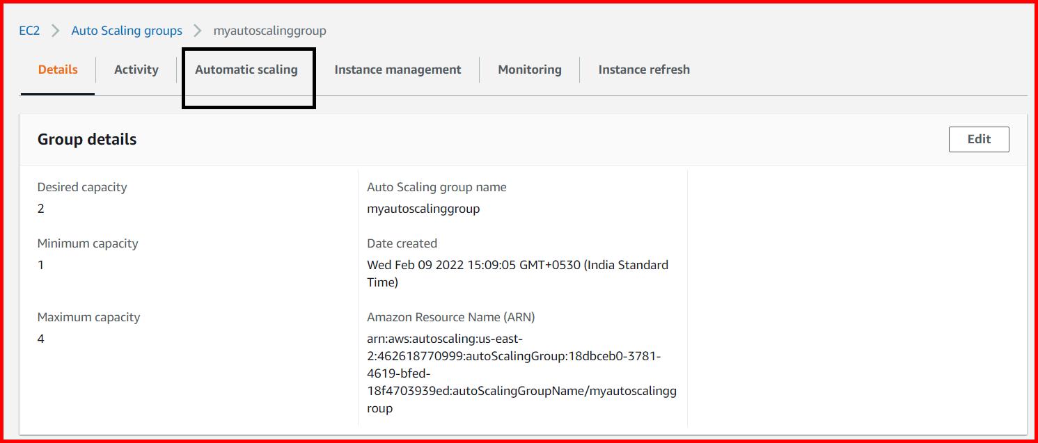 Picture showing the Automatic scaling tab inside the autoscaling group